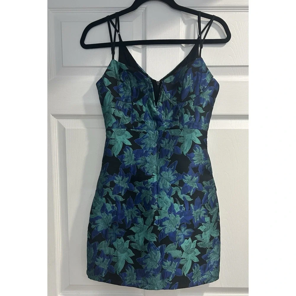 Lulus Ready For Festivities Blue Multi Floral Jaquard Mini Dress Size XS
